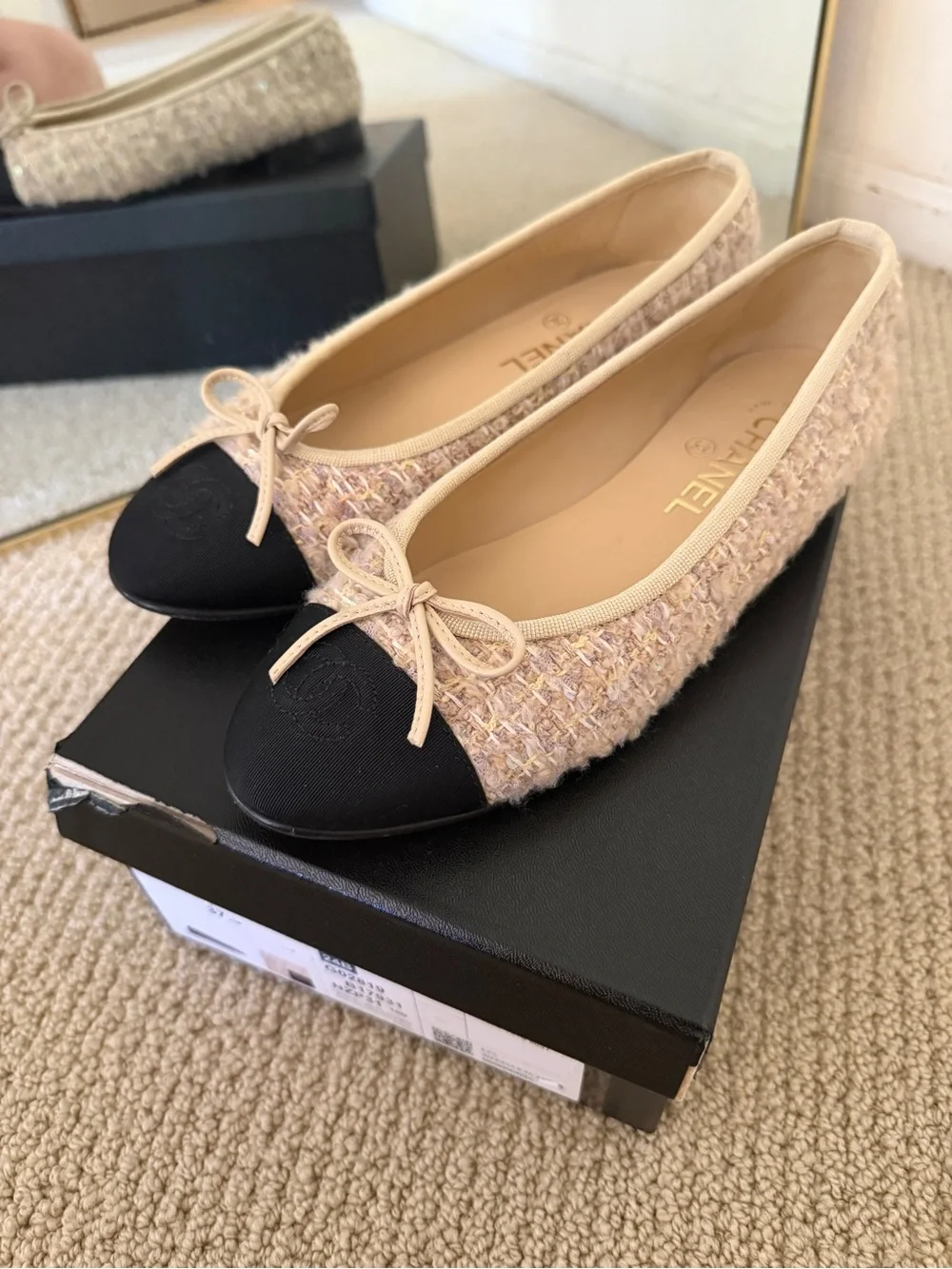 CHANEL Tweed Ballet Flats with Black Cap Toe